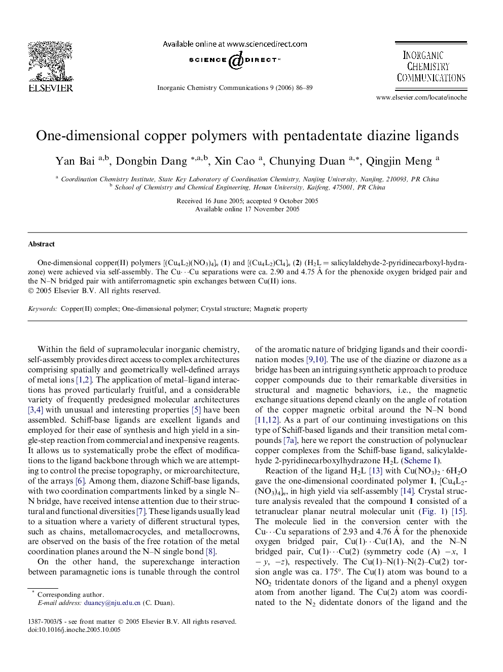 One-dimensional copper polymers with pentadentate diazine ligands