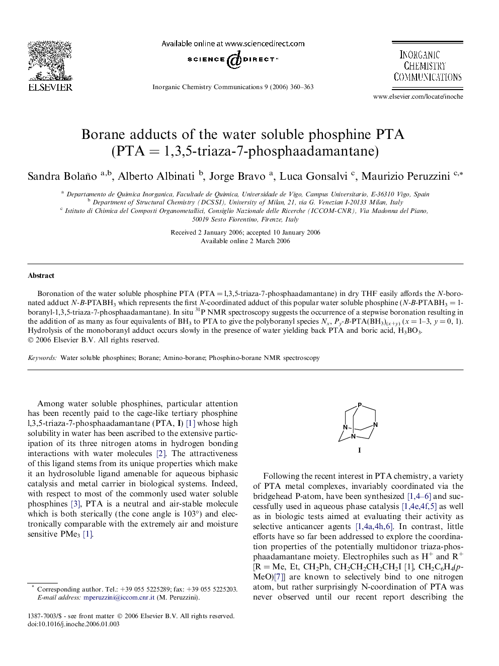 Borane adducts of the water soluble phosphine PTA (PTA = 1,3,5-triaza-7-phosphaadamantane)