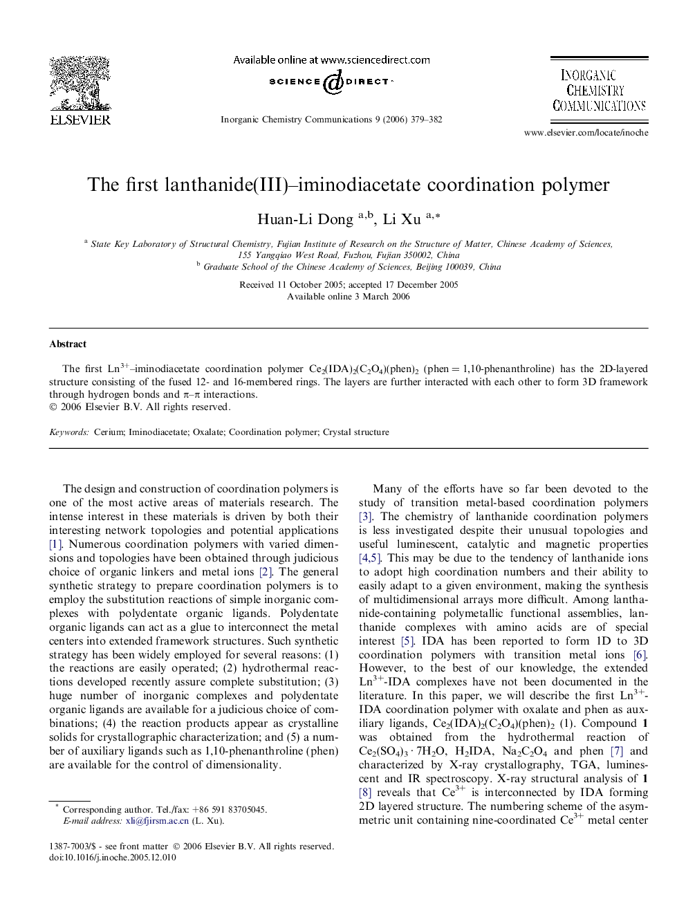 The first lanthanide(III)-iminodiacetate coordination polymer