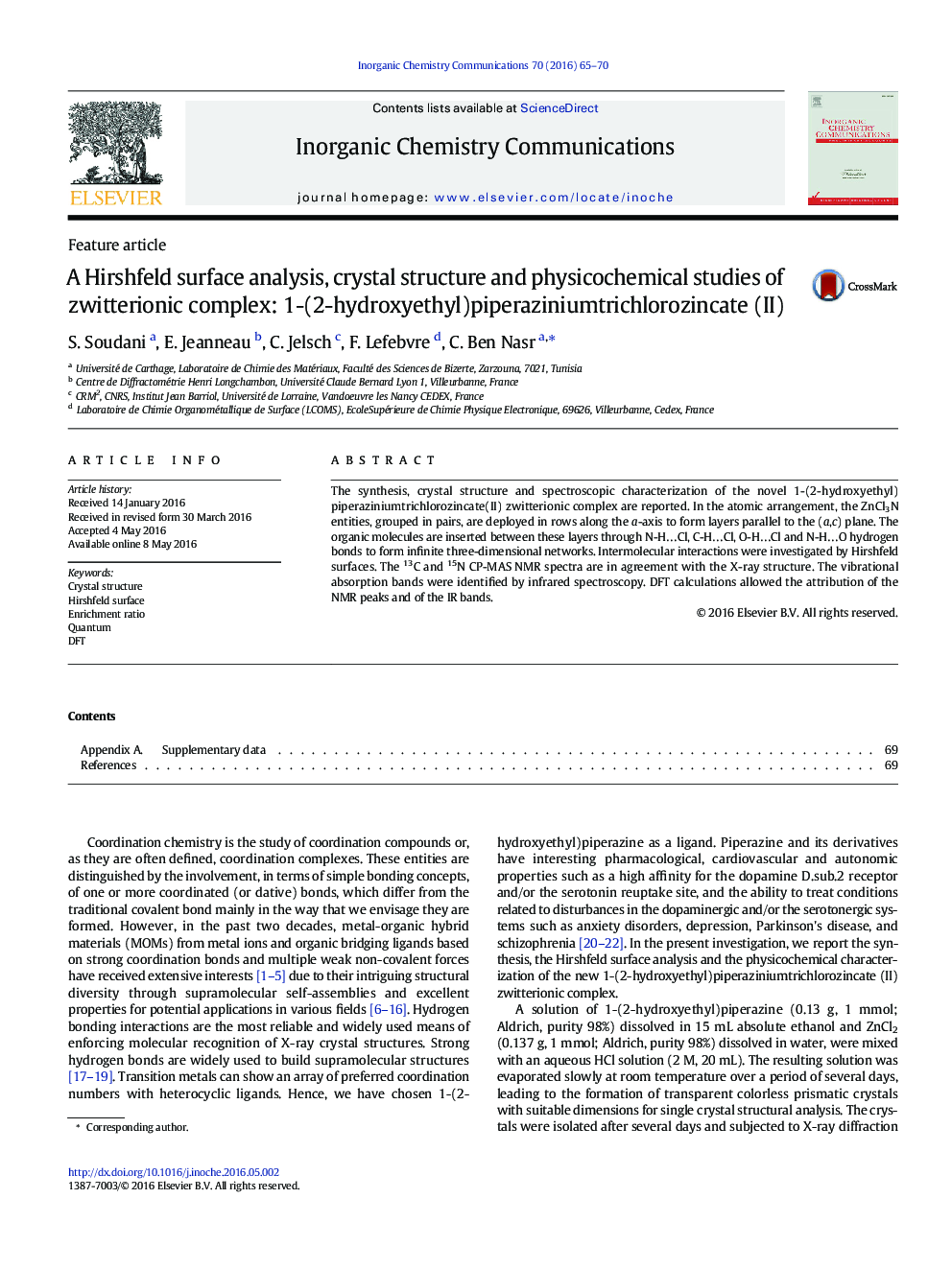 A Hirshfeld surface analysis, crystal structure and physicochemical studies of zwitterionic complex: 1-(2-hydroxyethyl)piperaziniumtrichlorozincate (II)