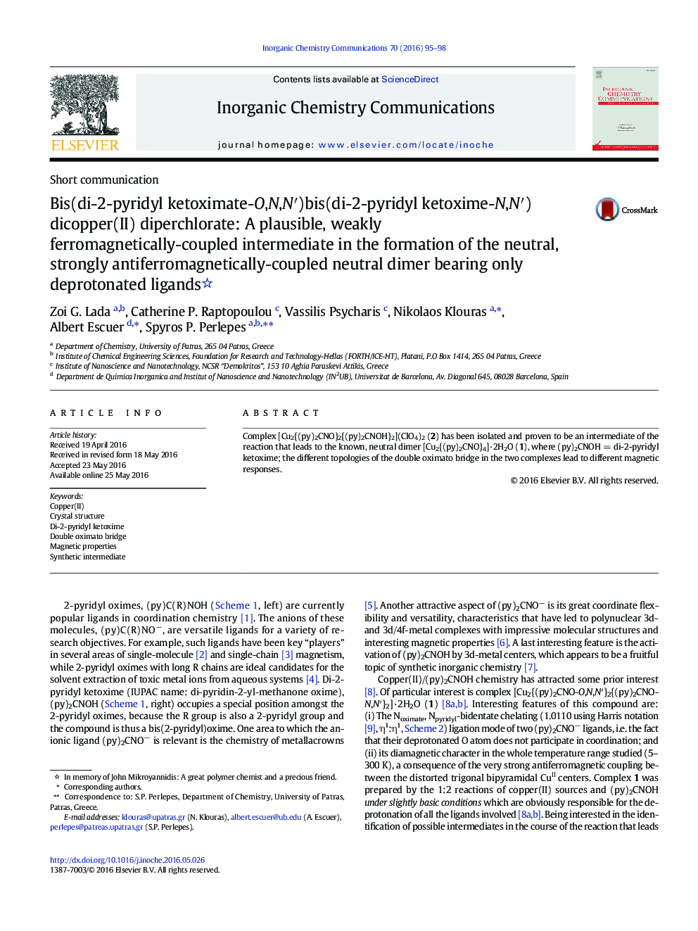 Bis(di-2-pyridyl ketoximate-O,N,N′)bis(di-2-pyridyl ketoxime-N,N′)dicopper(II) diperchlorate: A plausible, weakly ferromagnetically-coupled intermediate in the formation of the neutral, strongly antiferromagnetically-coupled neutral dimer bearing only dep