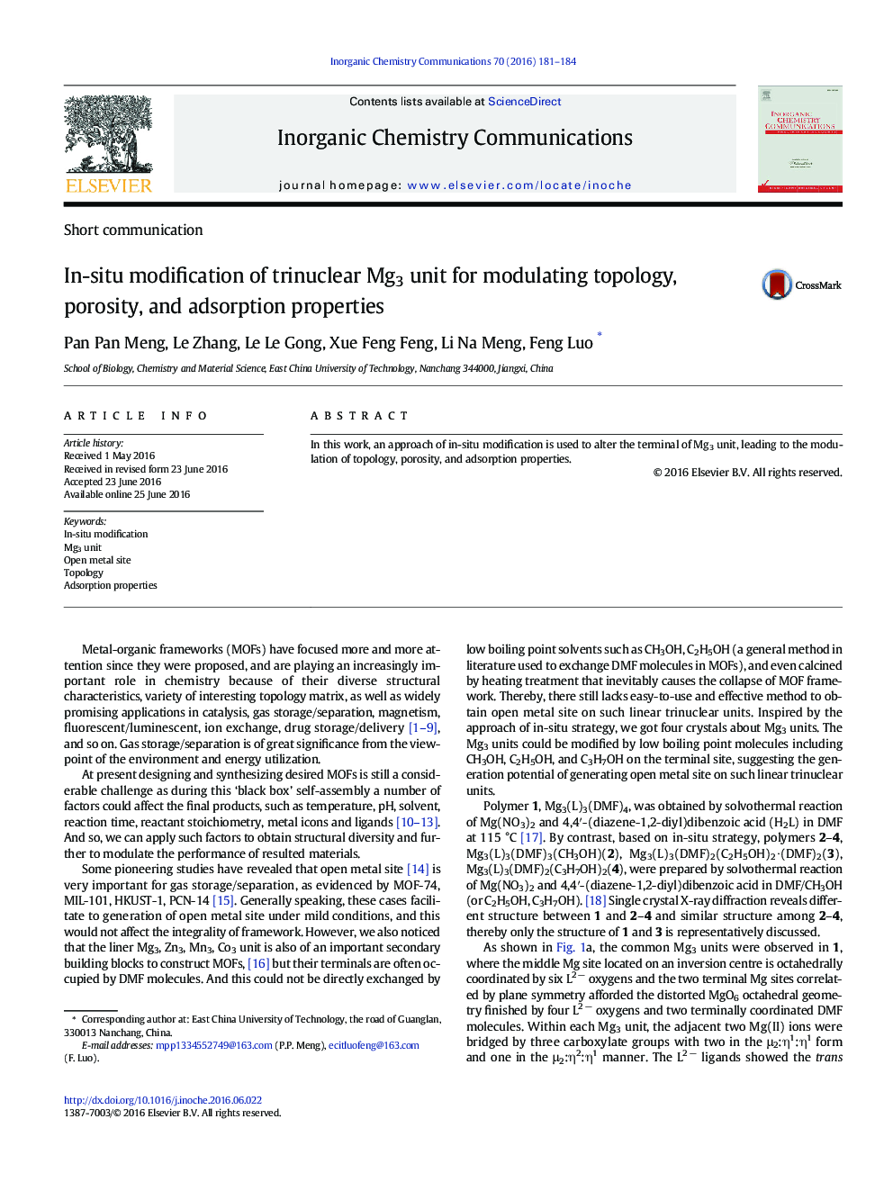 In-situ modification of trinuclear Mg3 unit for modulating topology, porosity, and adsorption properties