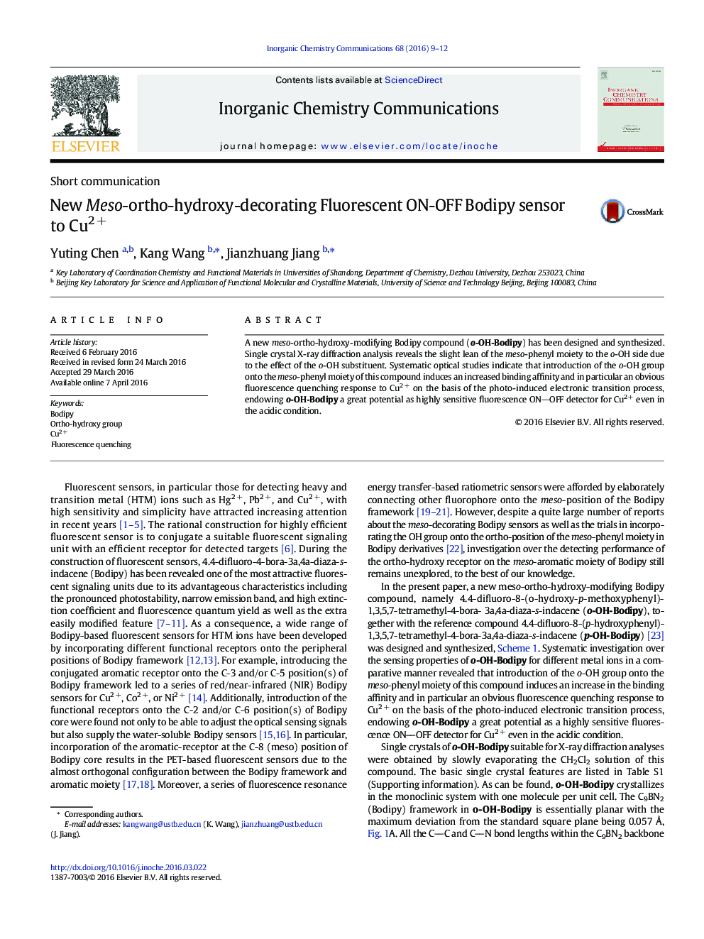 New Meso-ortho-hydroxy-decorating Fluorescent ON-OFF Bodipy sensor to Cu2 +