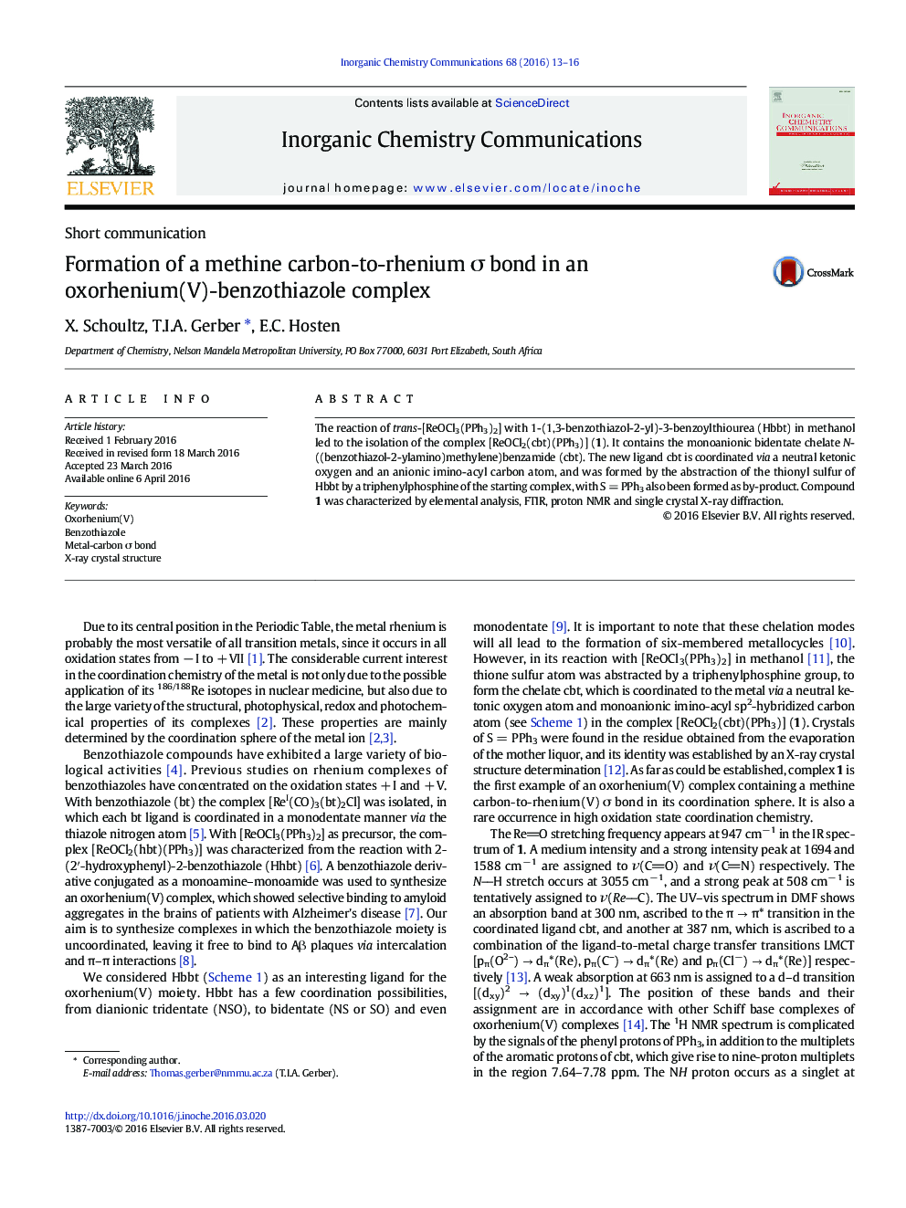 Formation of a methine carbon-to-rhenium σ bond in an oxorhenium(V)-benzothiazole complex