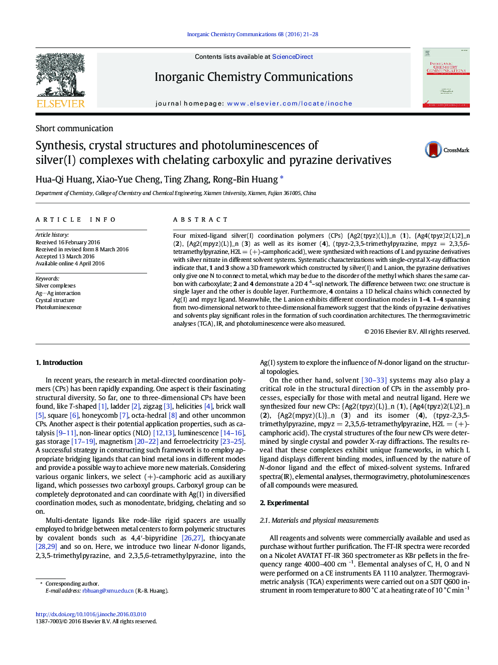 Synthesis, crystal structures and photoluminescences of silver(I) complexes with chelating carboxylic and pyrazine derivatives