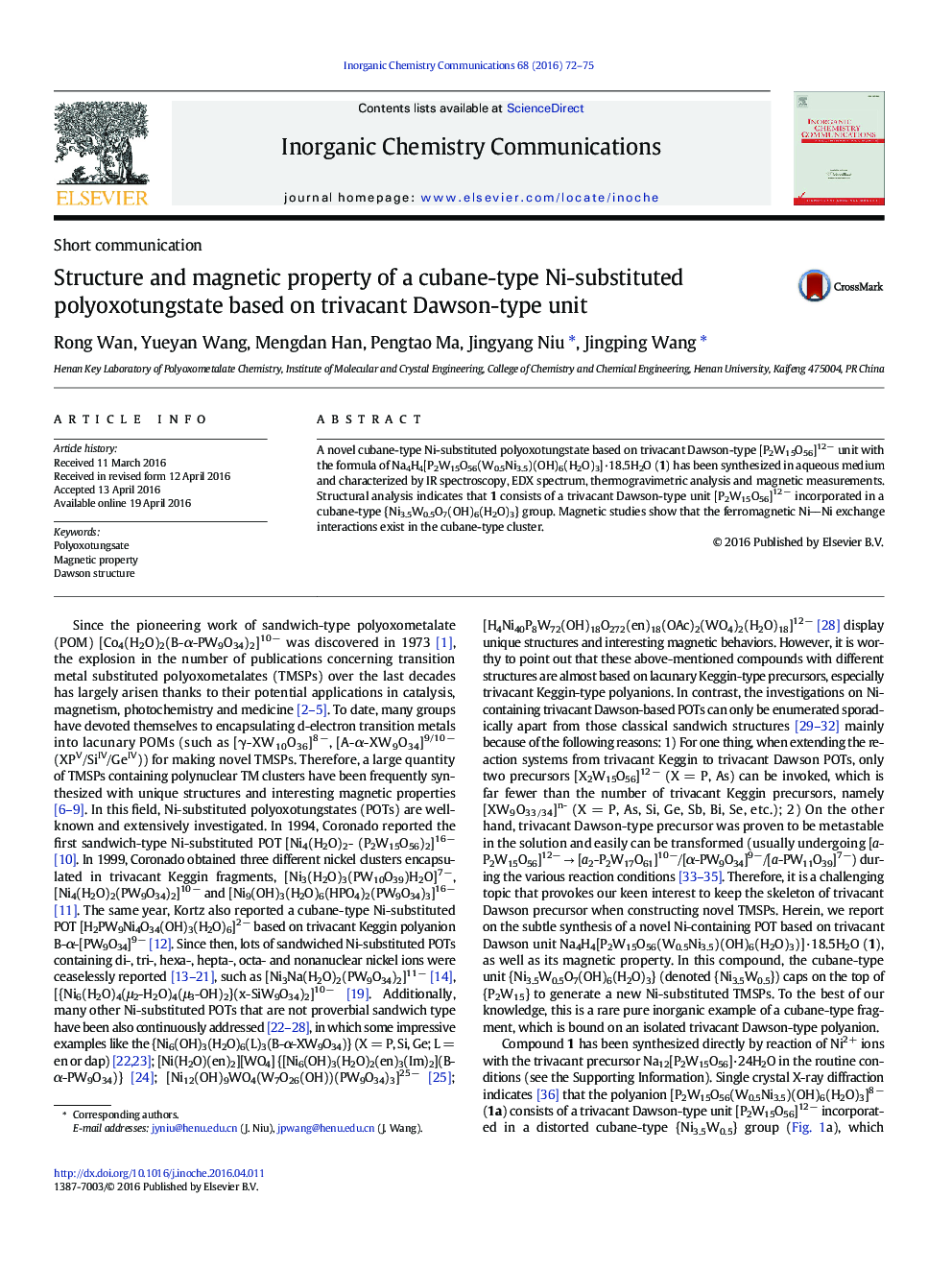 Structure and magnetic property of a cubane-type Ni-substituted polyoxotungstate based on trivacant Dawson-type unit