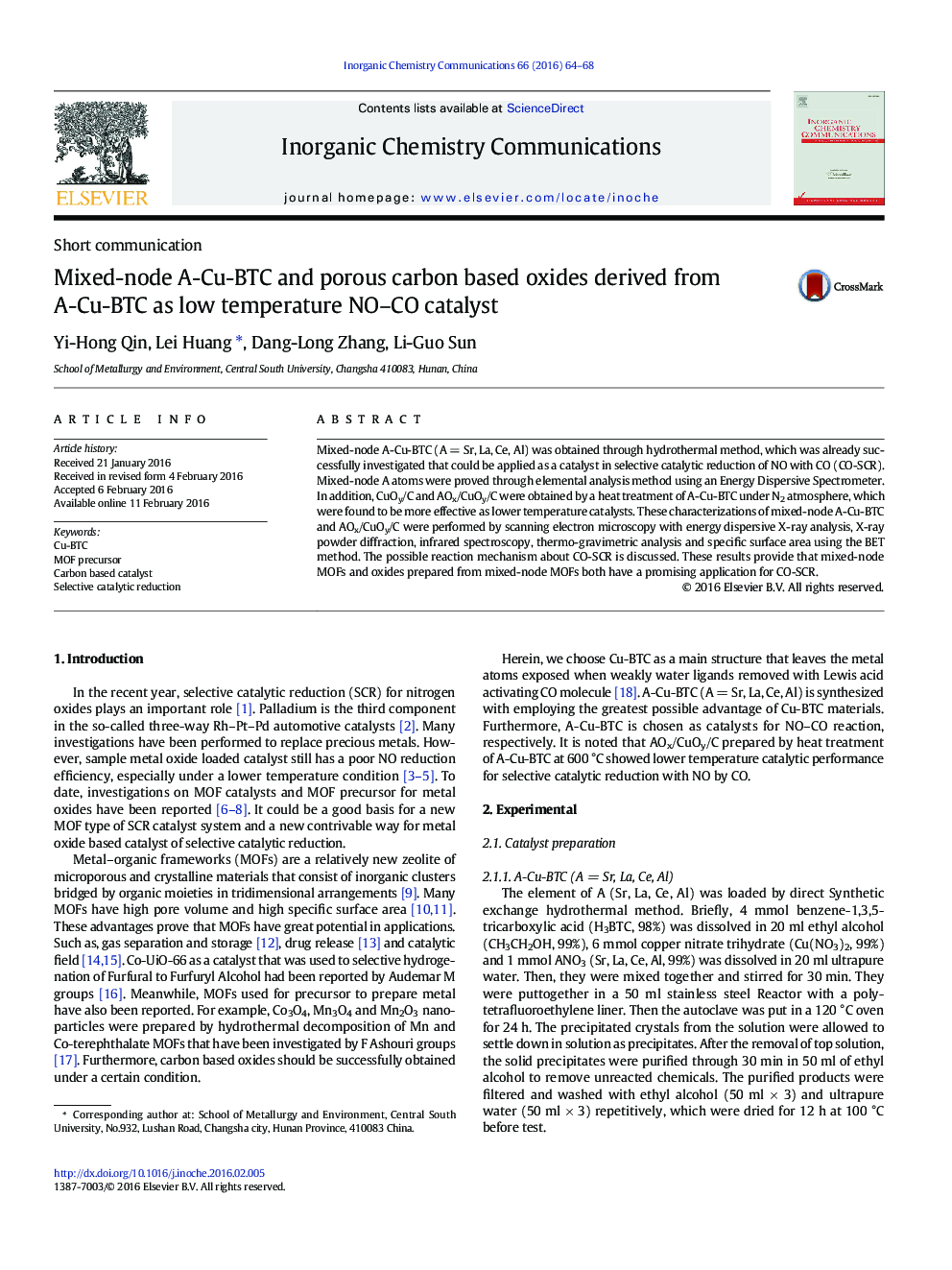 Mixed-node A-Cu-BTC and porous carbon based oxides derived from A-Cu-BTC as low temperature NO–CO catalyst