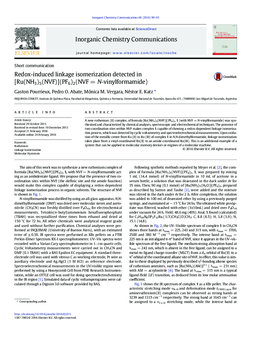 Redox-induced linkage isomerization detected in [Ru(NH3)5(NVF)](PF6)2(NVF = N-vinylformamide)