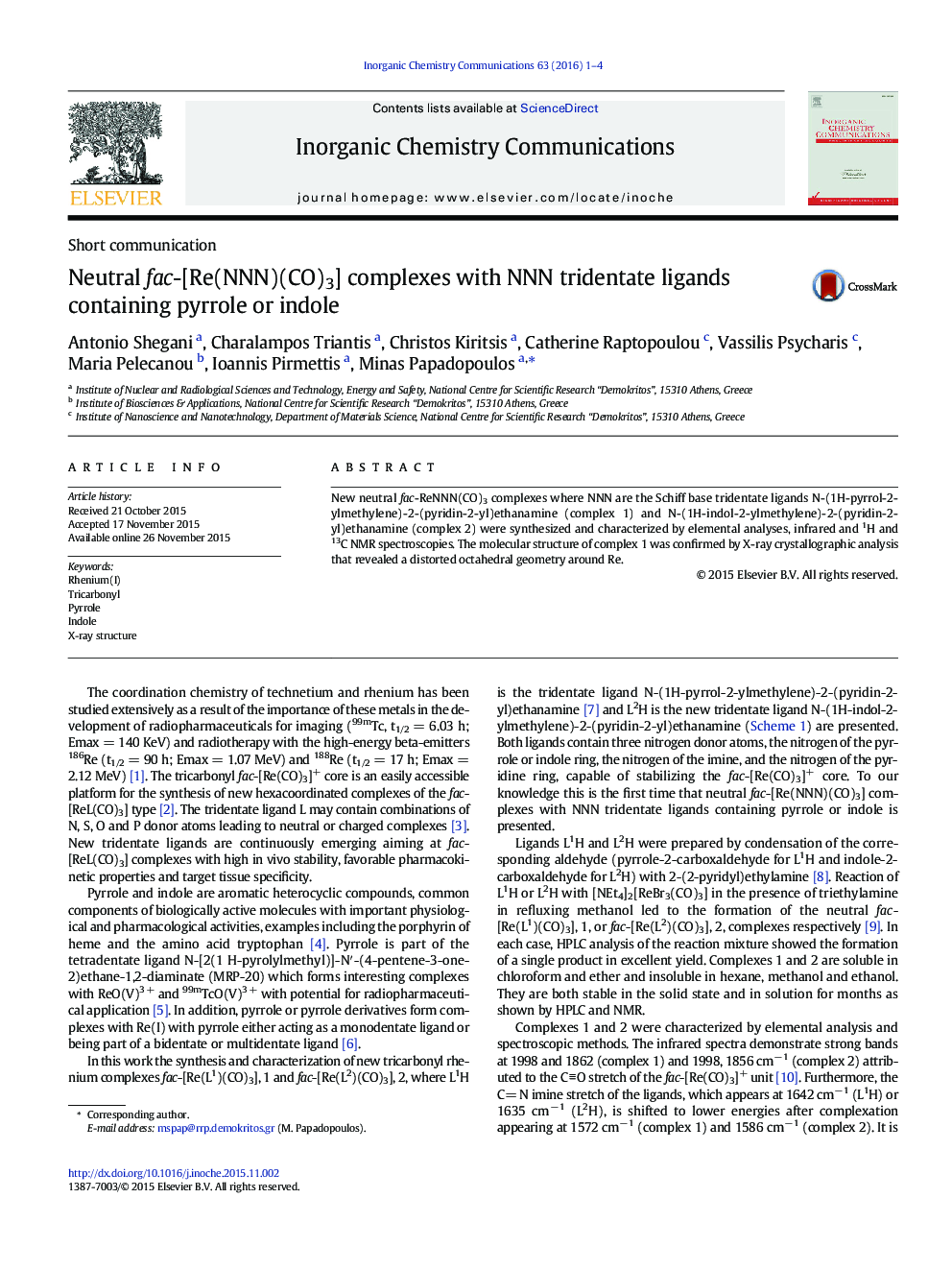 Neutral fac-[Re(NNN)(CO)3] complexes with NNN tridentate ligands containing pyrrole or indole