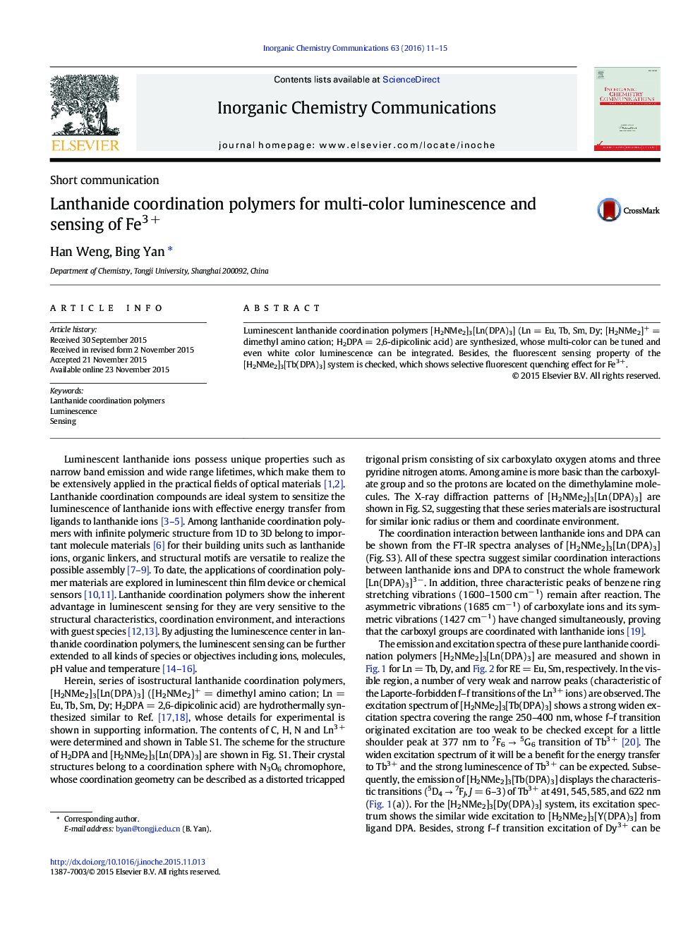 Lanthanide coordination polymers for multi-color luminescence and sensing of Fe3 +