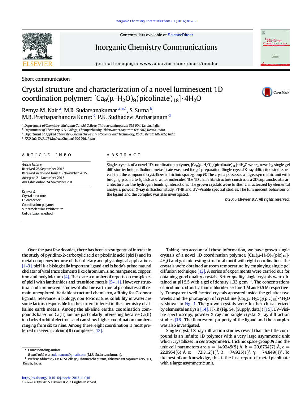 Crystal structure and characterization of a novel luminescent 1D coordination polymer: [Ca9(μ–H2O)9(picolinate)18]·4H2O