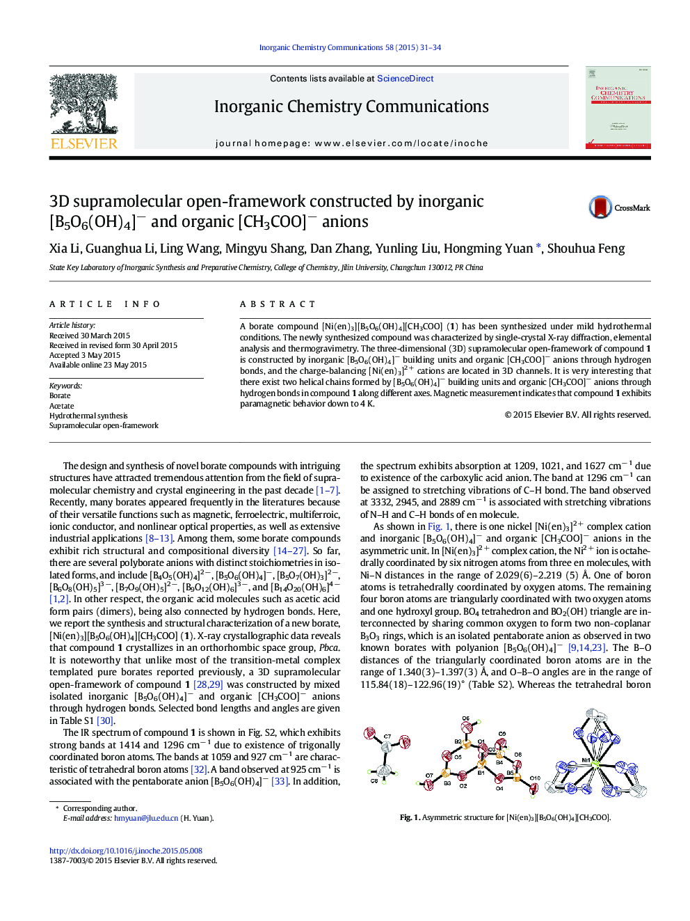 3D supramolecular open-framework constructed by inorganic [B5O6(OH)4]− and organic [CH3COO]− anions