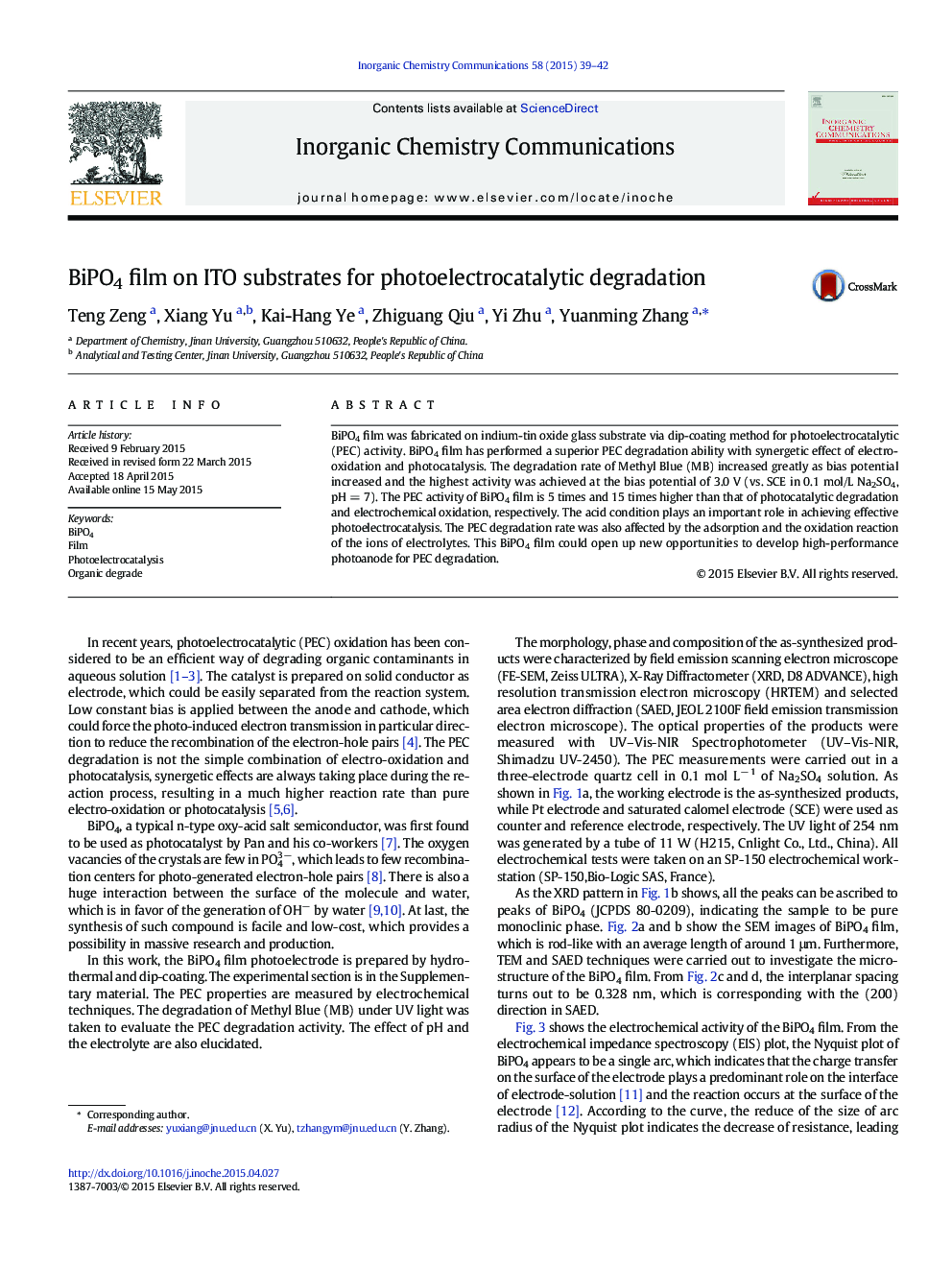 BiPO4 film on ITO substrates for photoelectrocatalytic degradation