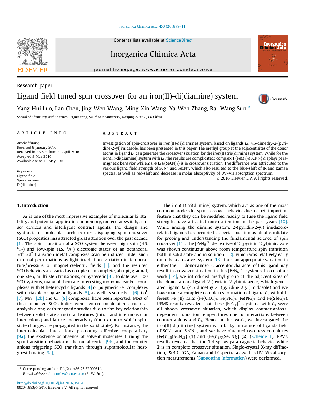 Ligand field tuned spin crossover for an iron(II)-di(diamine) system