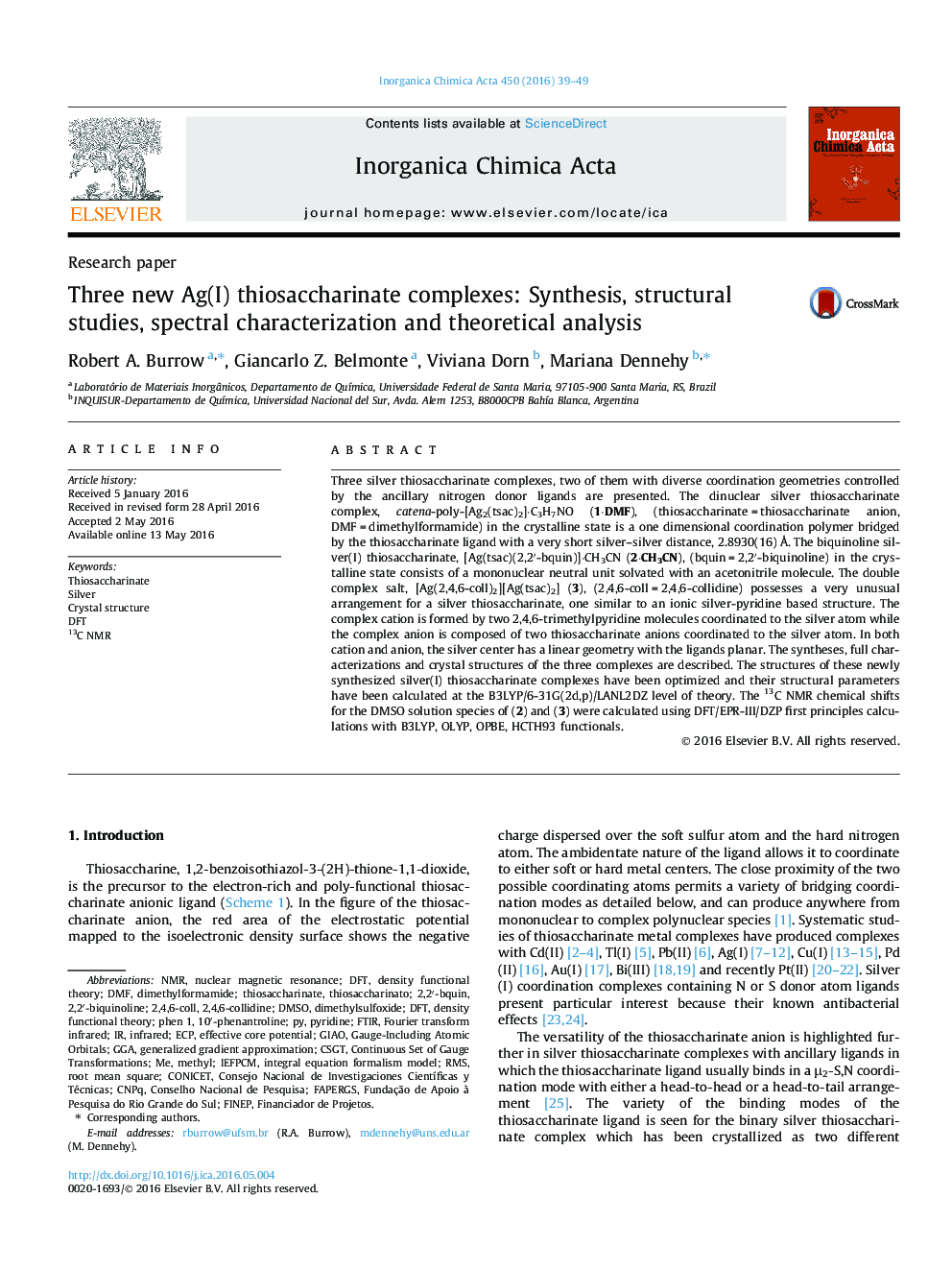 Three new Ag(I) thiosaccharinate complexes: Synthesis, structural studies, spectral characterization and theoretical analysis