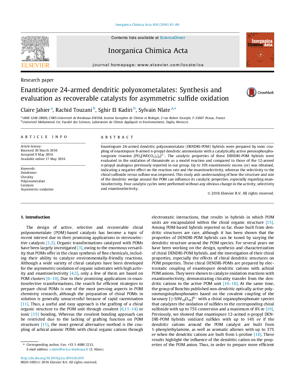 Enantiopure 24-armed dendritic polyoxometalates: Synthesis and evaluation as recoverable catalysts for asymmetric sulfide oxidation