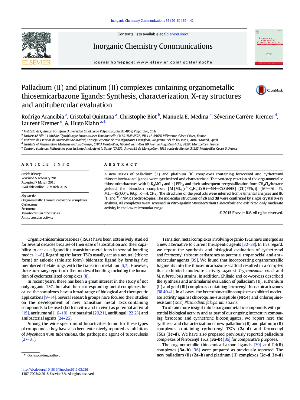 Palladium (II) and platinum (II) complexes containing organometallic thiosemicarbazone ligands: Synthesis, characterization, X-ray structures and antitubercular evaluation