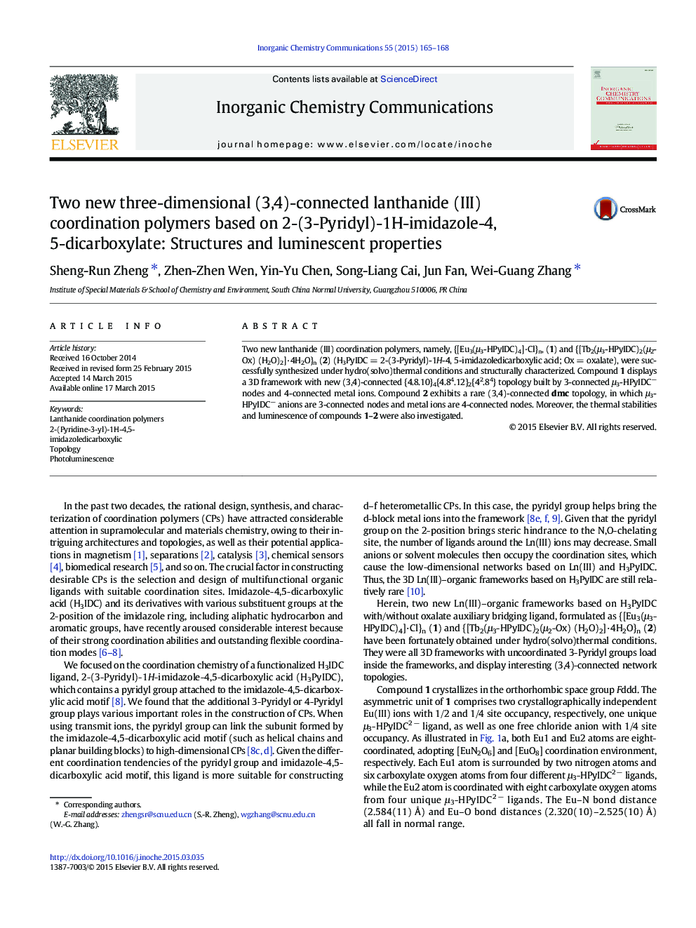 Two new three-dimensional (3,4)-connected lanthanide (III) coordination polymers based on 2-(3-Pyridyl)-1H-imidazole-4, 5-dicarboxylate: Structures and luminescent properties