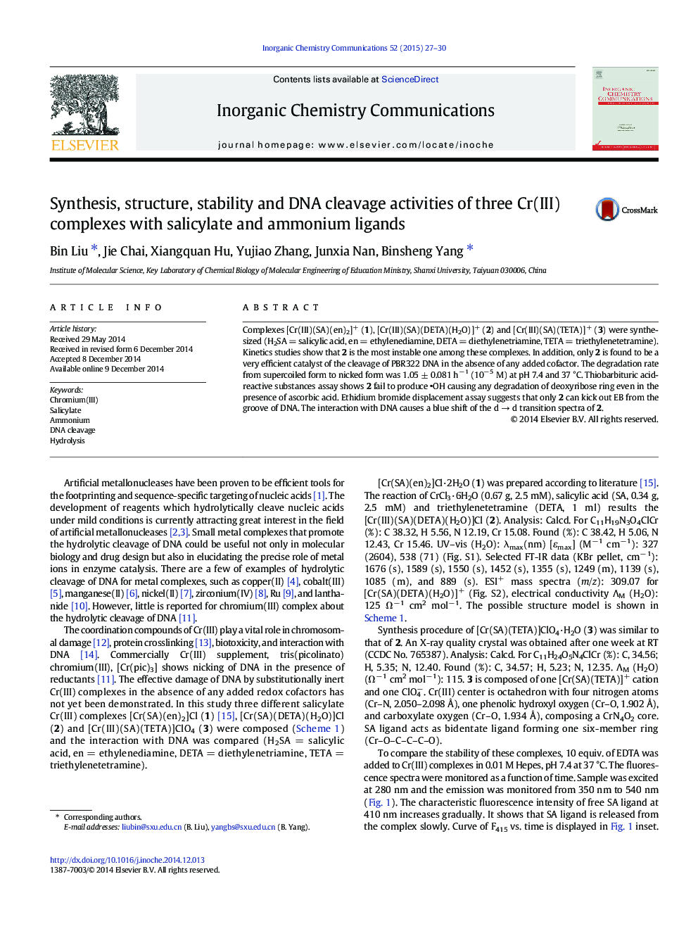 Synthesis, structure, stability and DNA cleavage activities of three Cr(III) complexes with salicylate and ammonium ligands