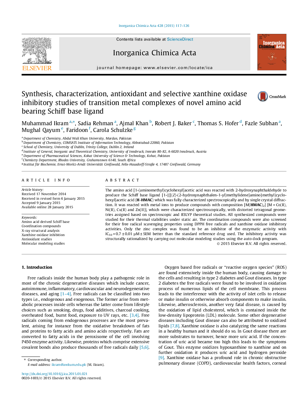 Synthesis, characterization, antioxidant and selective xanthine oxidase inhibitory studies of transition metal complexes of novel amino acid bearing Schiff base ligand