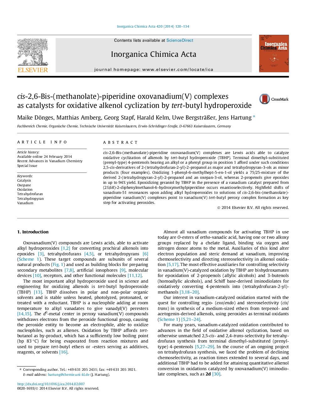 cis-2,6-Bis-(methanolate)-piperidine oxovanadium(V) complexes as catalysts for oxidative alkenol cyclization by tert-butyl hydroperoxide