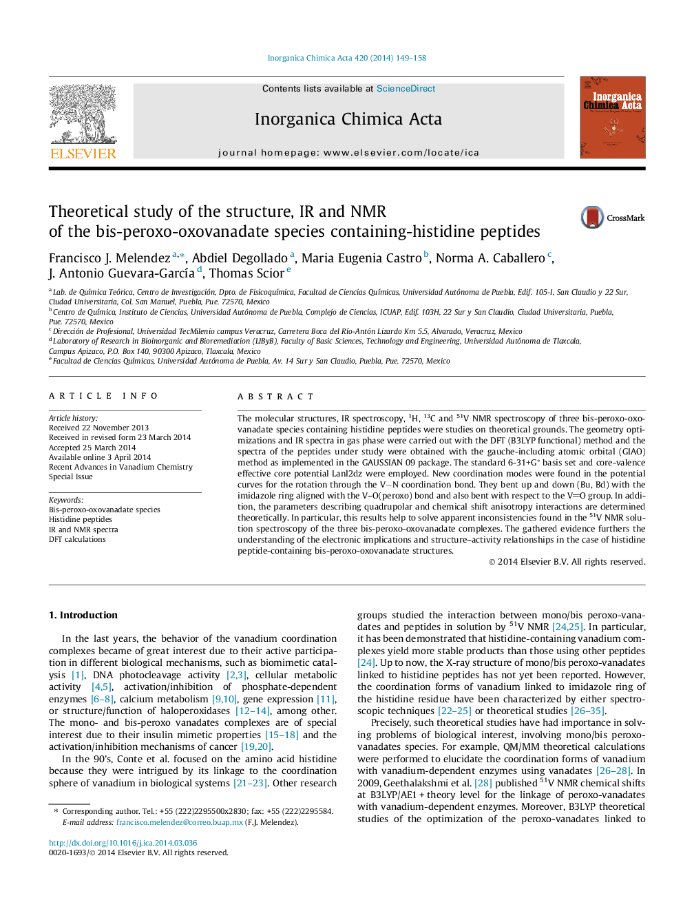 Theoretical study of the structure, IR and NMR of the bis-peroxo-oxovanadate species containing-histidine peptides