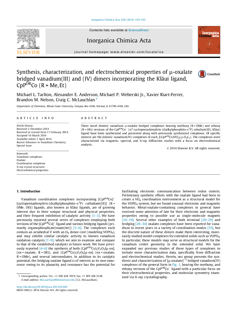 Synthesis, characterization, and electrochemical properties of μ-oxalate bridged vanadium(III) and (IV) dimers incorporating the Kläui ligand, CpPORCo (R = Me, Et)