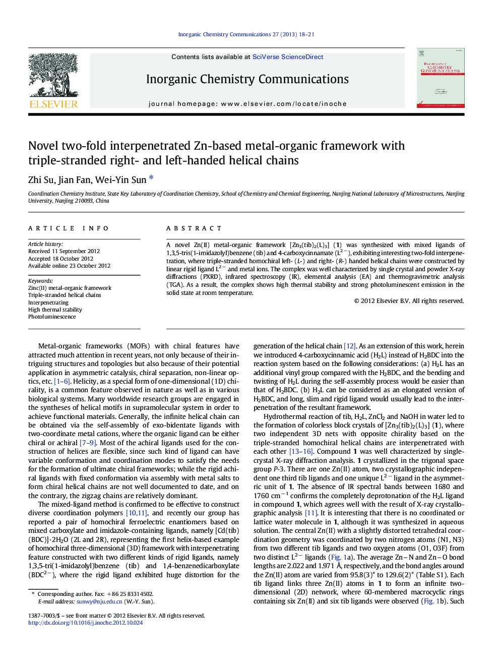 Novel two-fold interpenetrated Zn-based metal-organic framework with triple-stranded right- and left-handed helical chains