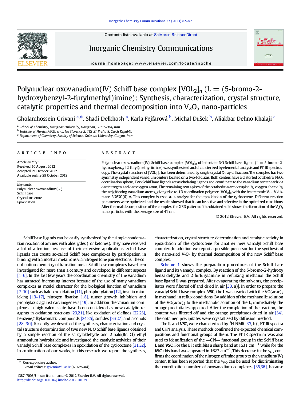 Polynuclear oxovanadium(IV) Schiff base complex [VOL2]n (L = (5-bromo-2-hydroxybenzyl-2-furylmethyl)imine): Synthesis, characterization, crystal structure, catalytic properties and thermal decomposition into V2O5 nano-particles