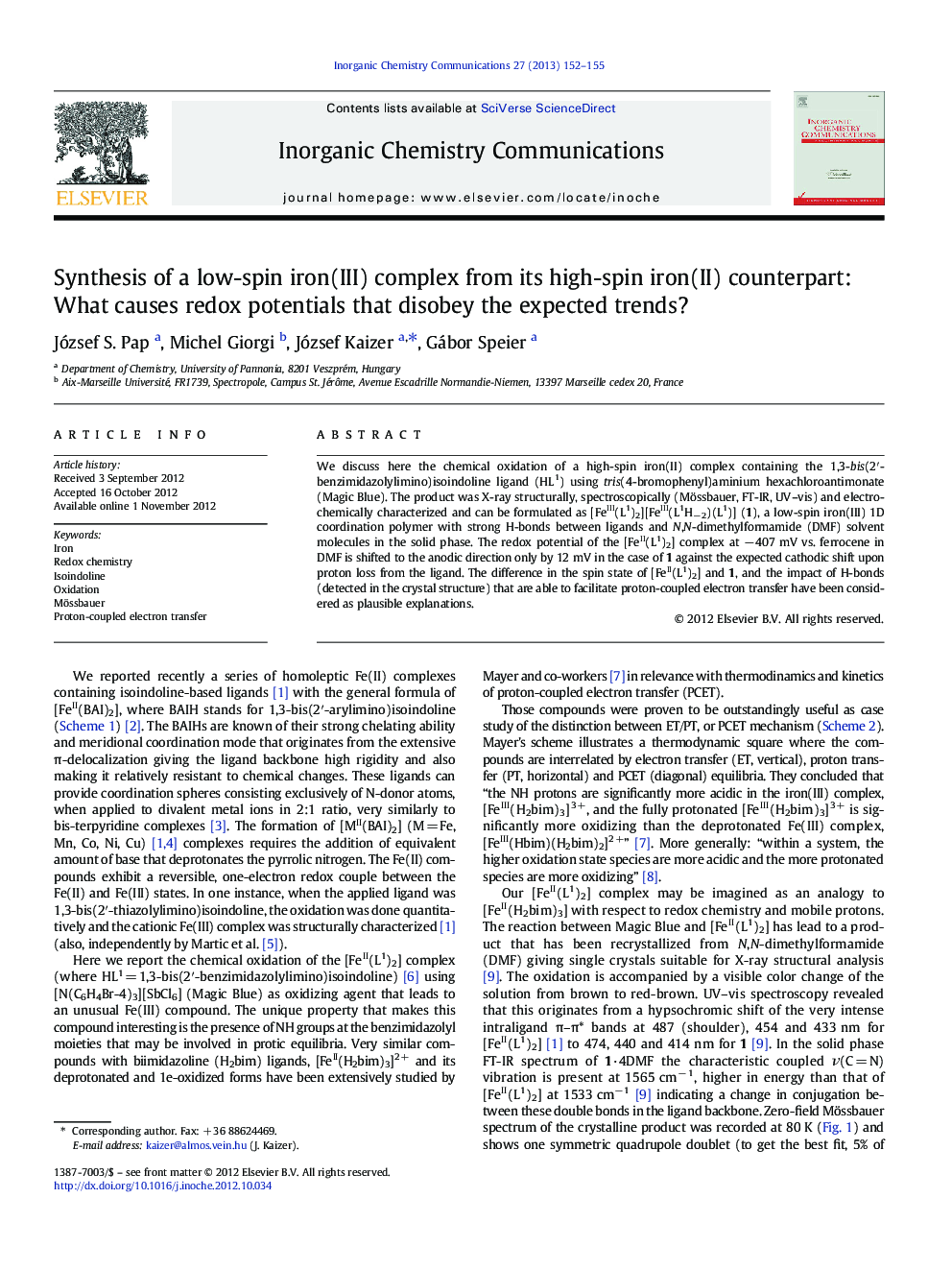 Synthesis of a low-spin iron(III) complex from its high-spin iron(II) counterpart: What causes redox potentials that disobey the expected trends?