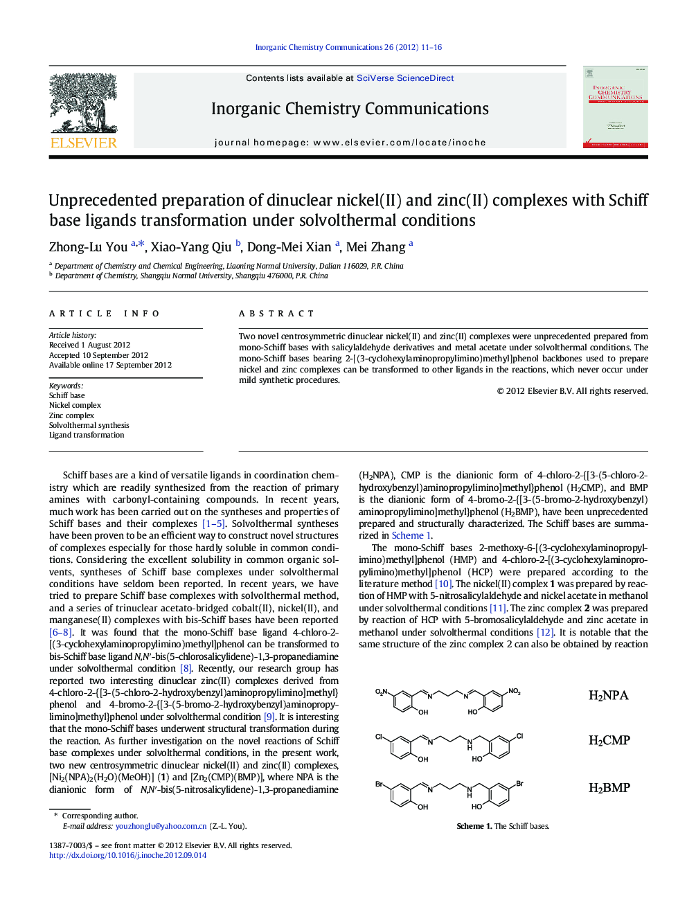 Unprecedented preparation of dinuclear nickel(II) and zinc(II) complexes with Schiff base ligands transformation under solvolthermal conditions