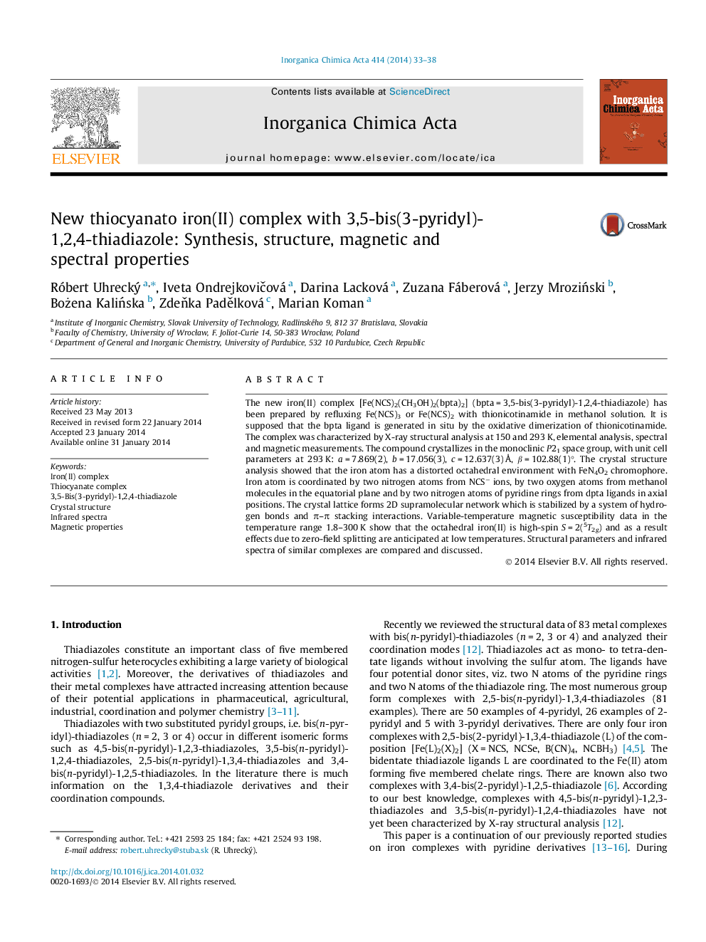 New thiocyanato iron(II) complex with 3,5-bis(3-pyridyl)-1,2,4-thiadiazole: Synthesis, structure, magnetic and spectral properties