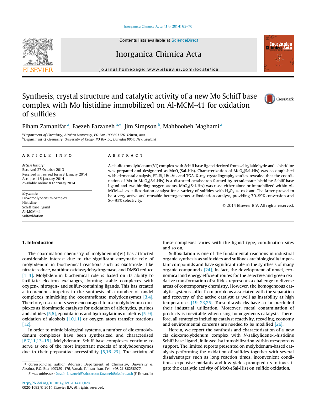 Synthesis, crystal structure and catalytic activity of a new Mo Schiff base complex with Mo histidine immobilized on Al-MCM-41 for oxidation of sulfides