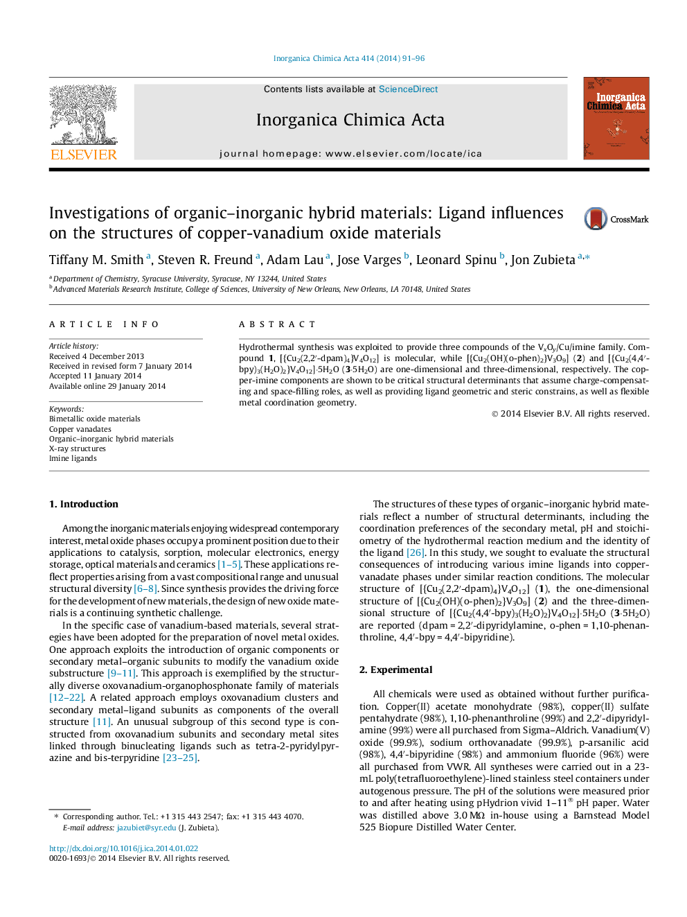 Investigations of organic–inorganic hybrid materials: Ligand influences on the structures of copper-vanadium oxide materials