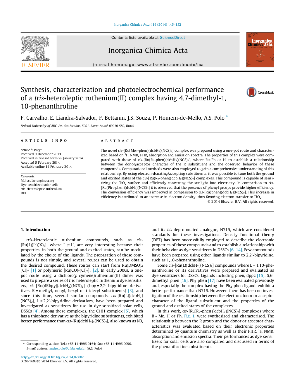 Synthesis, characterization and photoelectrochemical performance of a tris-heteroleptic ruthenium(II) complex having 4,7-dimethyl-1,10-phenanthroline