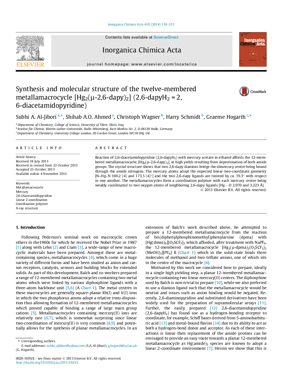 Synthesis and molecular structure of the twelve-membered metallamacrocycle [Hg2(Î¼-2,6-dapy)2] (2,6-dapyH2Â =Â 2,6-diacetamidopyridine)