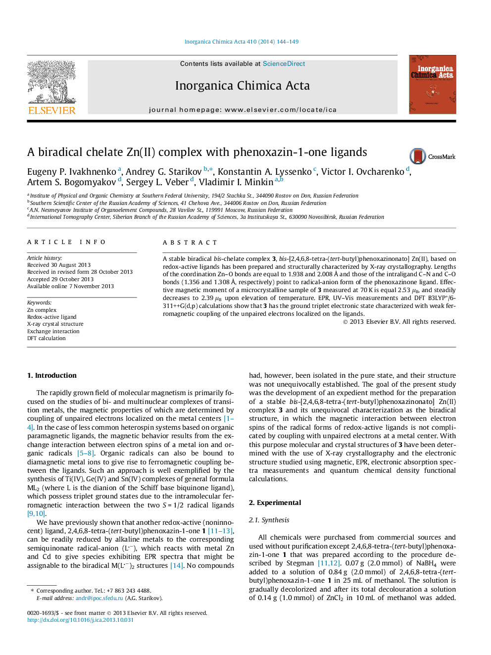 A biradical chelate Zn(II) complex with phenoxazin-1-one ligands