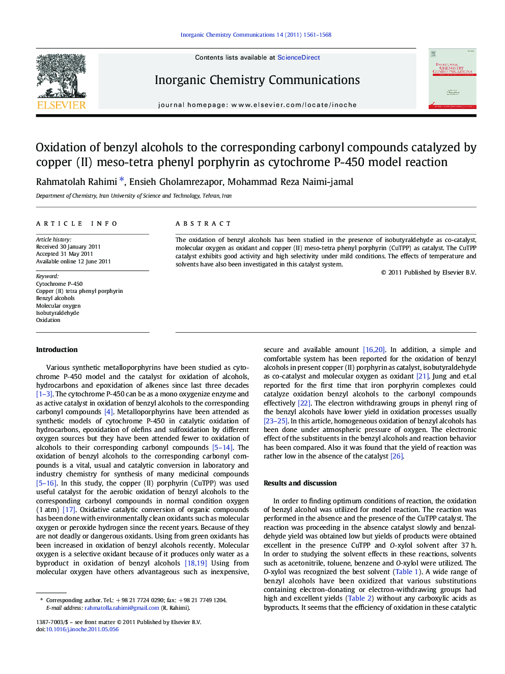 Oxidation of benzyl alcohols to the corresponding carbonyl compounds catalyzed by copper (II) meso-tetra phenyl porphyrin as cytochrome P-450 model reaction