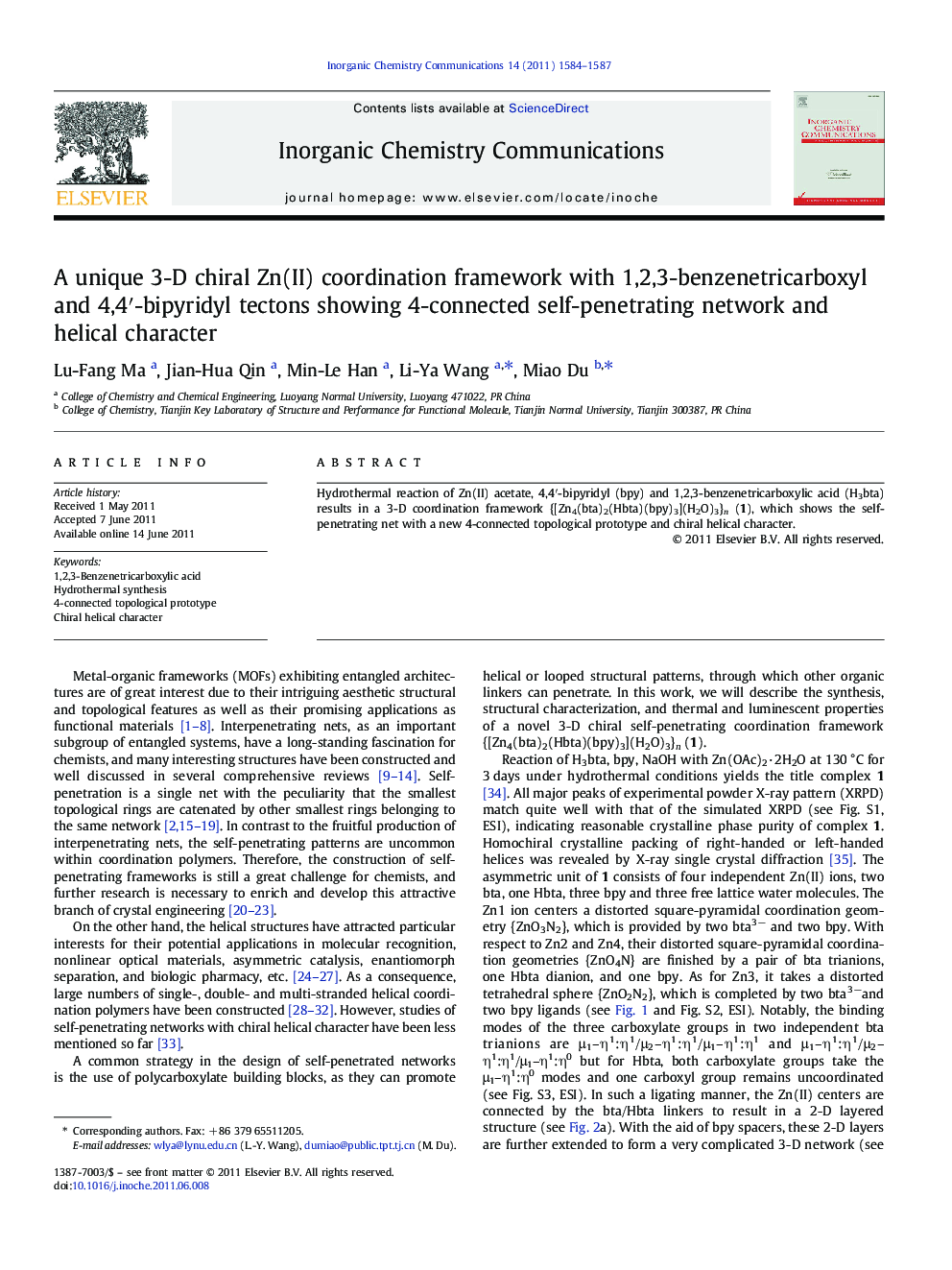 A unique 3-D chiral Zn(II) coordination framework with 1,2,3-benzenetricarboxyl and 4,4′-bipyridyl tectons showing 4-connected self-penetrating network and helical character