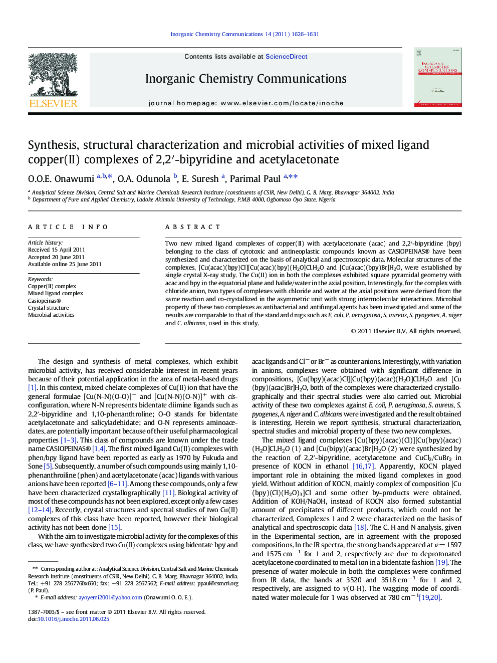 Synthesis, structural characterization and microbial activities of mixed ligand copper(II) complexes of 2,2′-bipyridine and acetylacetonate