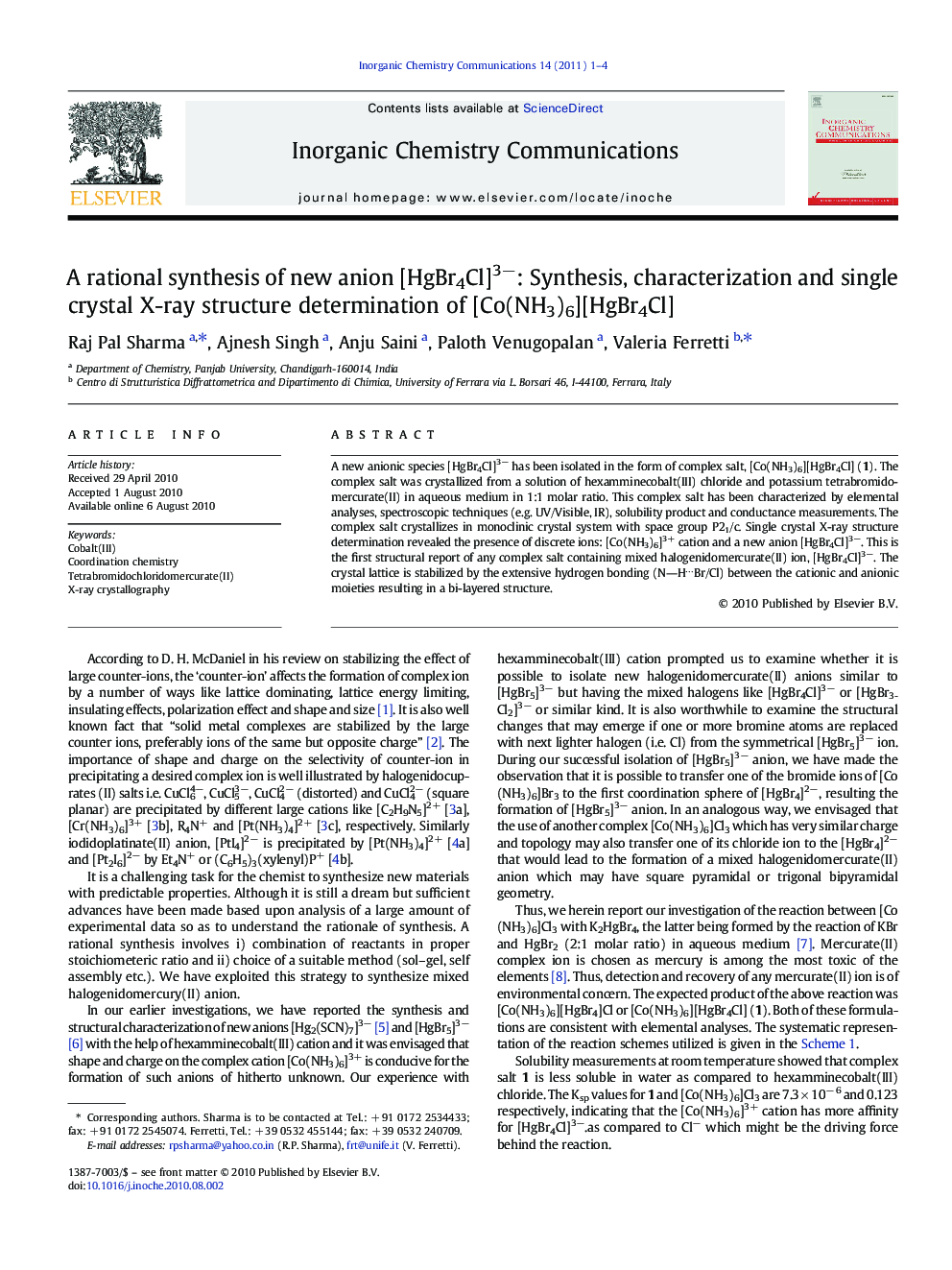 A rational synthesis of new anion [HgBr4Cl]3â: Synthesis, characterization and single crystal X-ray structure determination of [Co(NH3)6][HgBr4Cl]