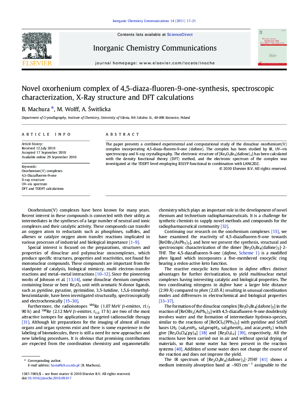 Novel oxorhenium complex of 4,5-diaza-fluoren-9-one-synthesis, spectroscopic characterization, X-Ray structure and DFT calculations