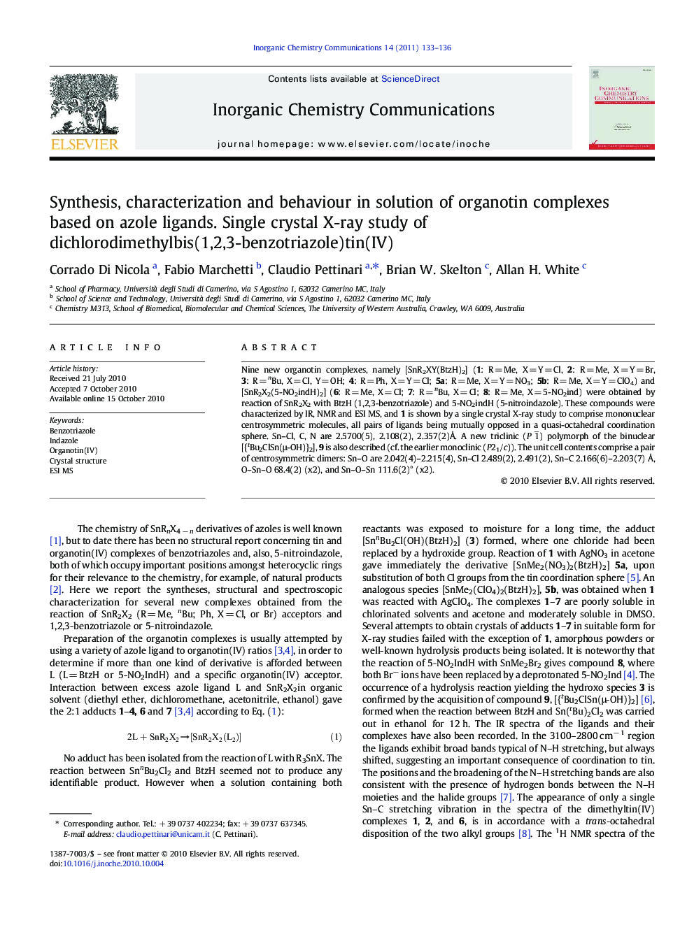 Synthesis, characterization and behaviour in solution of organotin complexes based on azole ligands. Single crystal X-ray study of dichlorodimethylbis(1,2,3-benzotriazole)tin(IV)