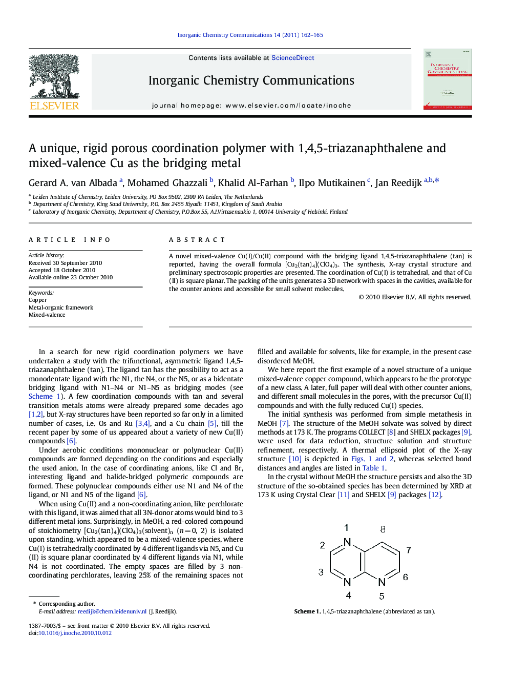 A unique, rigid porous coordination polymer with 1,4,5-triazanaphthalene and mixed-valence Cu as the bridging metal