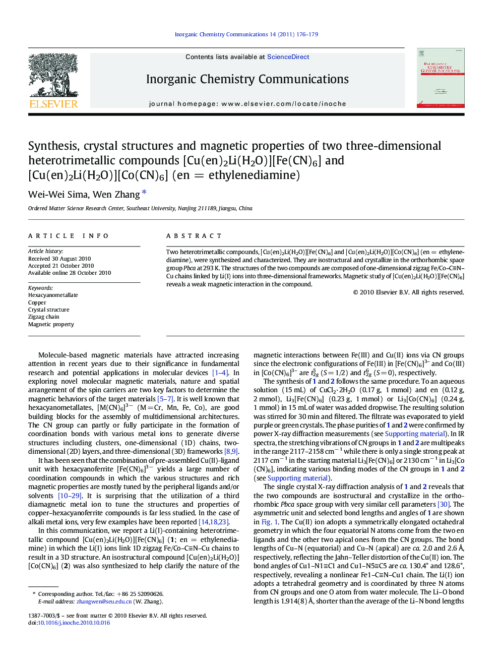 Synthesis, crystal structures and magnetic properties of two three-dimensional heterotrimetallic compounds [Cu(en)2Li(H2O)][Fe(CN)6] and [Cu(en)2Li(H2O)][Co(CN)6] (en = ethylenediamine)