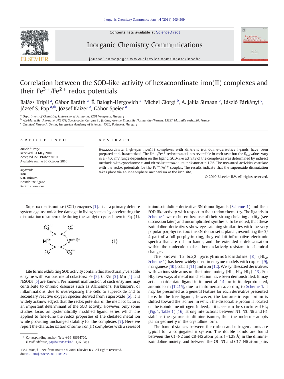 Correlation between the SOD-like activity of hexacoordinate iron(II) complexes and their Fe3+/Fe2+ redox potentials