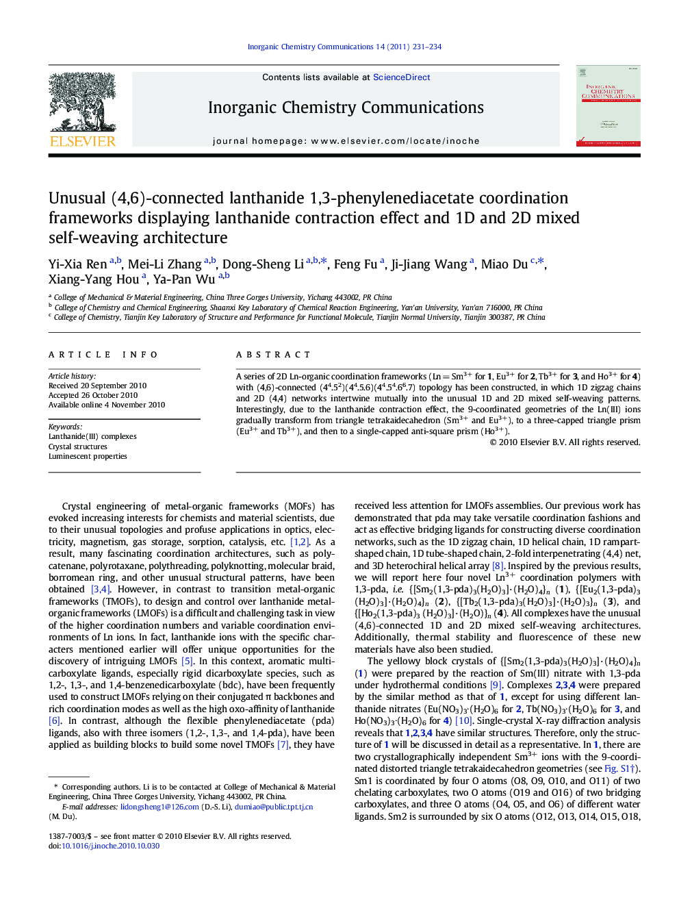 Unusual (4,6)-connected lanthanide 1,3-phenylenediacetate coordination frameworks displaying lanthanide contraction effect and 1D and 2D mixed self-weaving architecture