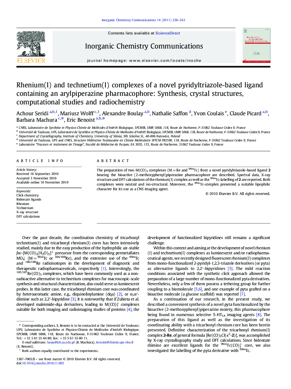 Rhenium(I) and technetium(I) complexes of a novel pyridyltriazole-based ligand containing an arylpiperazine pharmacophore: Synthesis, crystal structures, computational studies and radiochemistry