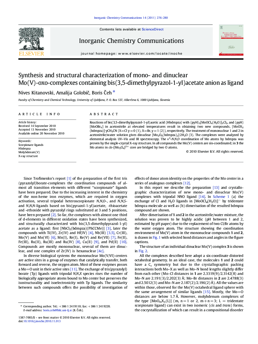 Synthesis and structural characterization of mono- and dinuclear Mo(V)-oxo-complexes containing bis(3,5-dimethylpyrazol-1-yl)acetate anion as ligand