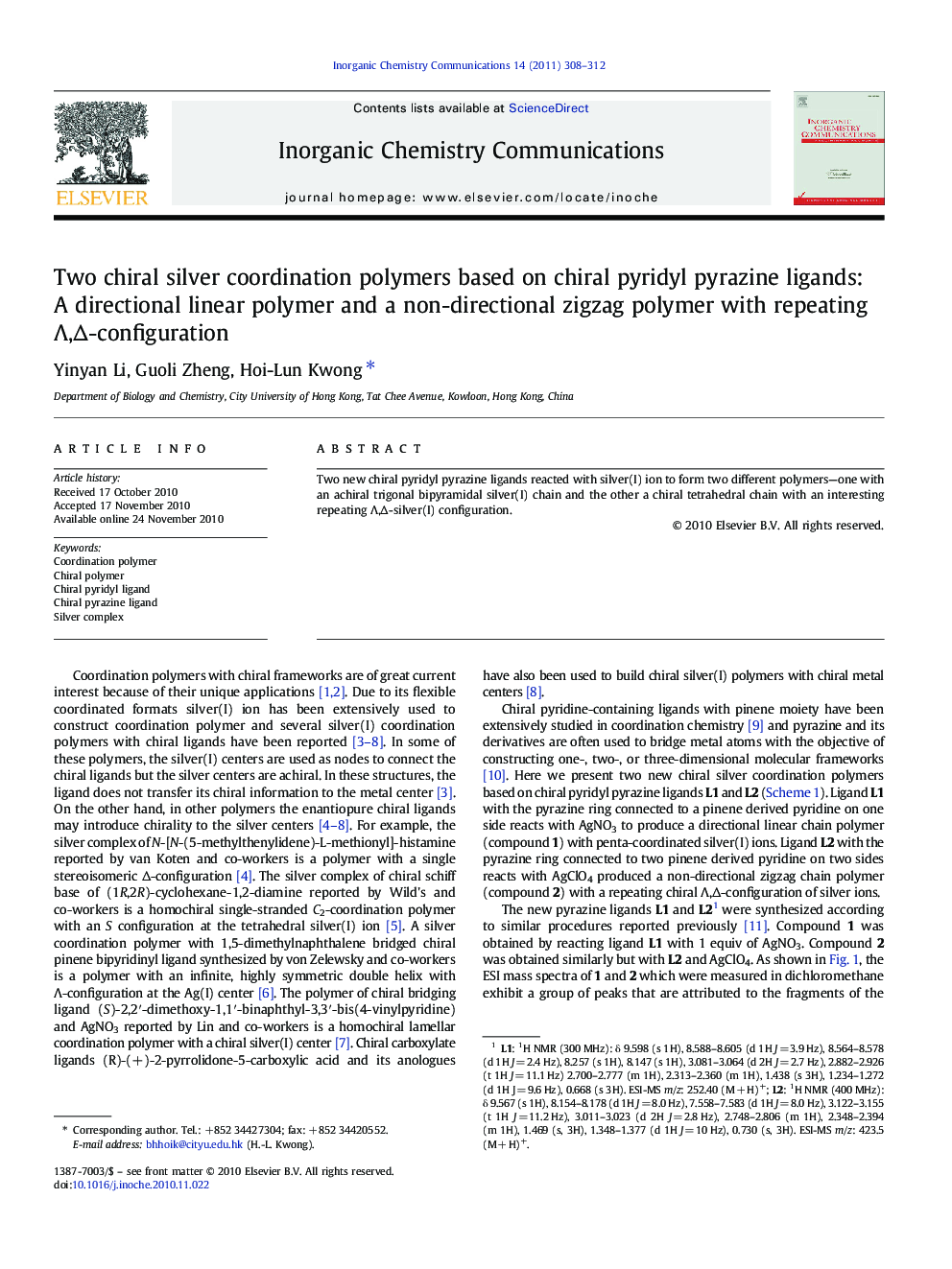 Two chiral silver coordination polymers based on chiral pyridyl pyrazine ligands: A directional linear polymer and a non-directional zigzag polymer with repeating Λ,Δ-configuration